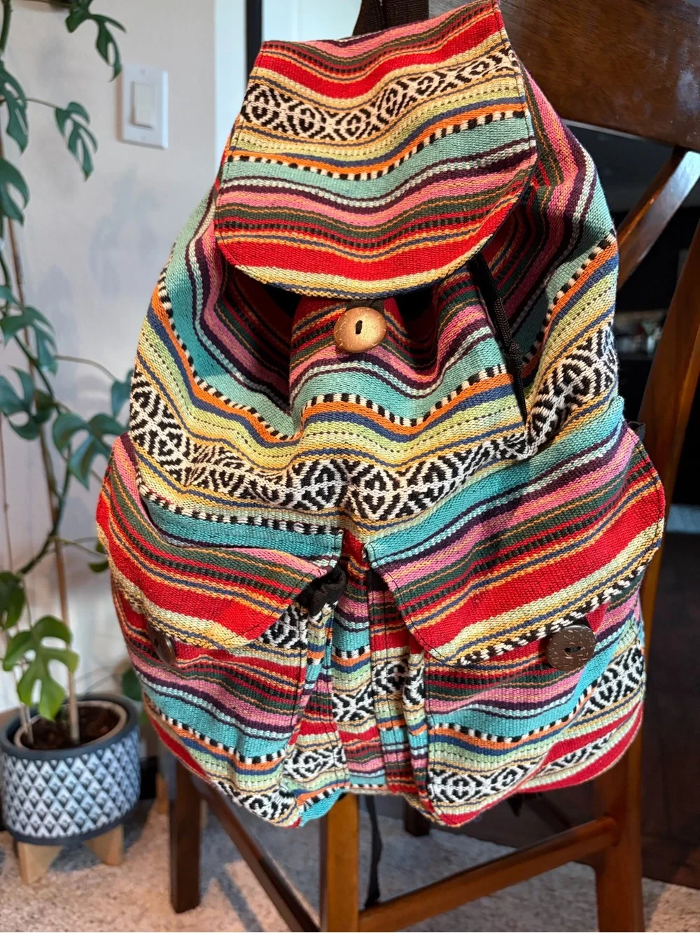 Made in Nepal. Colorful Striped Woven Backpack